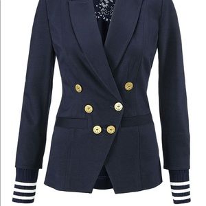 Cabi navy white MOD layered double breasted blazer gold anchor jacket stripe